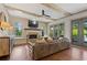 Living room has fireplace, lots of natural light, coffered ceilings, and access to back patio at 4495 Westgate Dr, Cumming, GA 30040