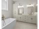 Elegant bathroom featuring double vanities, a freestanding tub, and modern fixtures at 517 Godfrey Dr, Cumming, GA 30040