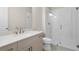 Bathroom features a tile shower, toilet, modern vanity, and countertop at 517 Godfrey Dr, Cumming, GA 30040