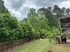 Manicured lawn and landscaping featuring a firepit, fence and lush trees for privacy at 5305 Redfield Way, Cumming, GA 30028