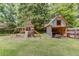 Fenced backyard with a playhouse, swing set, shed and well-maintained lawn at 1588 Peachtree Cir, Lawrenceville, GA 30043