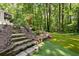 Picturesque backyard with a synthetic putting green, stone steps, mature trees, and manicured landscaping at 4445 Ansley Ln, Cumming, GA 30040