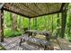 Backyard pergola with lattice roof, wood decking, and bench with views of lush, green foliage at 4445 Ansley Ln, Cumming, GA 30040