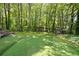 View of a lush putting green with playhouse, mature trees and a shaded dining area in the backyard at 4445 Ansley Ln, Cumming, GA 30040
