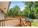 A wooden deck overlooks the above ground pool and lush greenery of the backyard in this property at 3153 Bonway Dr, Decatur, GA 30032
