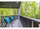 Outdoor balcony featuring two chairs with teal cushions, overlooking the wooded backyard at 4052 Loch Highland Ne Pass, Roswell, GA 30075