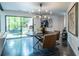 Modern dining room with views of the landscaped backyard and outdoor fireplace at 4052 Loch Highland Ne Pass, Roswell, GA 30075