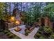 Inviting outdoor living space with stone fireplace and wood lounge seating surrounded by lush landscaping at 4052 Loch Highland Ne Pass, Roswell, GA 30075