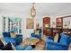 Stylish living room features comfortable blue armchairs, a round gold table, and a wet bar in the background at 675 W Paces Ferry Nw Rd # 11, Atlanta, GA 30327