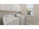 Functional laundry room features side by side washer and dryer and storage cabinets at 3524 Old Towne Ln, Cumming, GA 30040