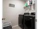 Modern laundry room with black washer and dryer set and wire shelving at 63 Brookstone E Park, Acworth, GA 30101