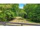 A scenic view of the lot through a black fence, showing a grassy clearing surrounded by trees at 104 Meadow View Trl, Canton, GA 30115