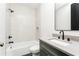 Modern bathroom featuring a shower and tub, dark fixtures and a green vanity at 1211 Reeder Ne Cir, Atlanta, GA 30306