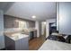Stylish kitchen with gray cabinets, quartz countertops, tile backsplash and stainless appliances at 7156 Whitfield Dr, Riverdale, GA 30296