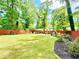 Large backyard with lush green lawn, privacy fence and landscape at 8399 Lake Dr, Snellville, GA 30039