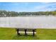 A park bench looks over the lake, with trees and houses along the shore at 8399 Lake Dr, Snellville, GA 30039