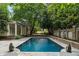 Backyard pool with stone surround, statues, lush trees, and beautiful landscaping at 3212 Arden Nw Rd, Atlanta, GA 30305