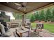Relax on the stone patio with ceiling fan, outdoor TV, and fire pit at 6720 Wolford Ct, Johns Creek, GA 30097