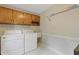 Practical laundry room equipped with washer, dryer, sink, and storage cabinets at 3527 Starwood Sw Trl, Lilburn, GA 30047