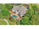 An aerial view showcases the home's pool, backyard patio area, circular driveway and beautifully landscaped surroundings at 5045 Harrington Rd, Johns Creek, GA 30022