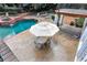 Aerial view of pool, patio and outdoor lounge area at 5045 Harrington Rd, Johns Creek, GA 30022