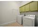Well-lit laundry room includes white appliances, shelving, and upper cabinetry at 3380 Canon Bay Dr, Cumming, GA 30041