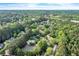 Aerial view of a neighborhood surrounded by mature trees, a community pool, and tennis court, with blue skies above at 3992 Camden Way, Alpharetta, GA 30005