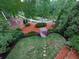 Aerial view of the backyard featuring mature trees, a charming wooden bridge, and lush landscaping at 139 Grandmar Chase, Canton, GA 30115