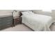 Bedroom with carpet, window, grey dresser, nightstand, and bed with white patterned bedding at 3611 Ridgeway Rd, Duluth, GA 30096