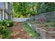 Landscaped backyard featuring a brick retaining wall, mulch pathway, and charming white picket fence at 2705 Osborne Ne Rd, Brookhaven, GA 30319