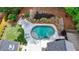 Aerial view of a private backyard oasis with a sparkling pool, mature trees, and lush lawn at 5335 Bannergate Dr, Johns Creek, GA 30022