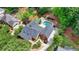 Aerial view of the property with a backyard pool, lush landscaping and patio area at 5335 Bannergate Dr, Johns Creek, GA 30022