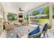 Inviting covered patio with fireplace, ceiling fan, and ample seating overlooking a spacious, green backyard at 592 Hayes Rd, Auburn, GA 30011