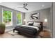 Relaxing bedroom with a minimalist platform bed, neutral colors, and large windows offering green outdoor views at 3408 Landen Pine Ne Ct, Atlanta, GA 30305
