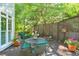 Outdoor deck space with seating, a table, and lush landscaping at 2250 Edgemere Lake Cir, Marietta, GA 30062