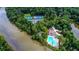 Aerial view showcasing a beautiful community with tennis courts and a sparkling pool surrounded by lush trees and waterways at 2075 Six Branches, Roswell, GA 30076