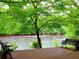 Relaxing river view from a wooden deck surrounded by lush greenery and benches at 2075 Six Branches, Roswell, GA 30076