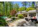 A backyard features a pool, dining table, fireplace with seating, and lush landscaping at 2890 Howell Mill Rd, Atlanta, GA 30327