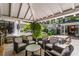 Covered patio with stone floors, comfortable seating, and view of beautifully landscaped backyard at 2890 Howell Mill Rd, Atlanta, GA 30327