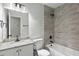 The bathroom showcases modern design with gray-stone tiles and a white sink/vanity at 3840 Natalie Way, Ellenwood, GA 30294