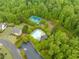 Aerial view showcasing a community pool, tennis courts, lush greenery, and parking at 690 Sienna Dr, Cumming, GA 30040