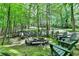 Wooded backyard with a fire pit and seating area at 1595 Northcliff Trce, Roswell, GA 30076