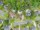 Aerial view of a beautiful home with in-ground pool surrounded by mature trees in a desirable neighborhood at 1721 Mulberry Lake Dr, Dacula, GA 30019