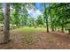 View of the backyard featuring lush grass, tall trees, and a wooden fence at 671 Shannon Green Sw Cir, Mableton, GA 30126