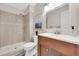 Updated bathroom has a shower, vanity and sink with modern fixtures at 2929 Alberta Dr, Marietta, GA 30062