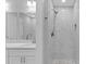 Modern bathroom featuring a double vanity, walk-in shower, and updated fixtures at 4806 Forest Trl, Douglasville, GA 30135