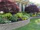 Landscaped flower bed with colorful flowers and lush greenery set against a brick wall at 608 Tabbystone Nw St, Marietta, GA 30064