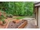 Beautifully landscaped backyard with lush greenery, raised garden beds, and a cozy patio area at 2437 Camden Lake Nw Vw, Acworth, GA 30101