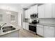 Well-lit kitchen with stainless steel appliances, white cabinets, granite counters, and a subway tile backsplash at 458 Ajo Way, Dallas, GA 30157