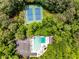 Aerial view showcases a pool, tennis courts and parking surrounded by lush greenery and mature trees at 4774 Olde Village Ln, Atlanta, GA 30338